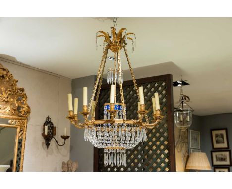 A neoclassical gilt-bronze and cut-glass basket chandelier, c.1900, Baltic, with ten scrolling branches, blue glass detail an