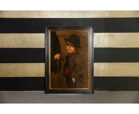 Continental School, 19th century Portrait of a man, in a brown coat with hat and caneoil on canvas 110 x 79cm