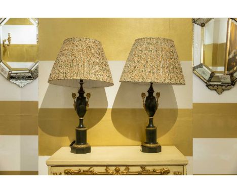 A pair of Empire ormolu-mounted toleware table lamps, 19th century, French, each of amphora form, shades not included,15cm di