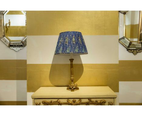 A gilt-bronze candlestick lamp, late 19th century, French, on a triform base with claw feet, shade not included,15cm diameter