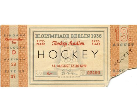 Eintrittskarte OSS1936 - 13. August, Hockey, Spiel um Platz 3 Holland - Frankreich, Hockey-Stadion, Sitzplatz 4.- RM. 13x6cm.