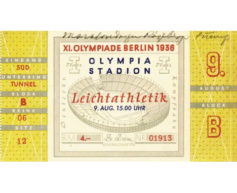 Eintrittskarte OSS1936 - 9. August, 15.00 Uhr Leichtathletik Olympia-Stadion. Sitzplatz 4.- RM, 12,5x7 cm. - Original Ticket 