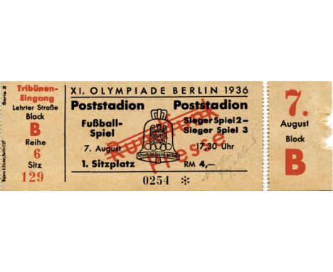 Eintrittskarte LS1936 - 7.August, Fußballspiel Sieger Spiel 2 - Sieger Spiel 3. Poststadion Sitzplatz 3.- RM. (Norwegen - Deu