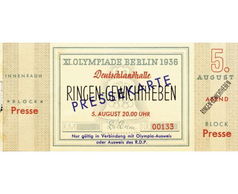 Eintrittskarte OSS1936 - 5. August, 20.00 Uhr, Ringen - Gewichtheben, Deutschlandhalle, Pressekarte. 13x6 cm. - Seltenes Tick