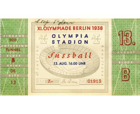 Eintrittskarte OSS1936 - 13.August, Fußball, Sitzplatz 7 RM. Spiel um den 3. Platz. Norwegen - Polen, 12,5x7 cm. Komplettes T