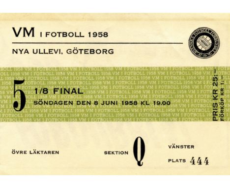 Eintrittskarte WM1958 - VM i Fotboll 1958. Göteborg. 1/8 Final. 8.6.1958. England - UdSSR (2:2). 11,5x8 cm. - Original Ticket