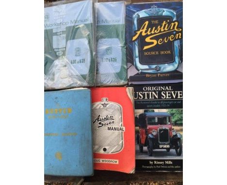 A box of assorted Austin related manuals including The Austin 7 Source Book by Bryan Purves, The Austin Seven Manual by Doug 