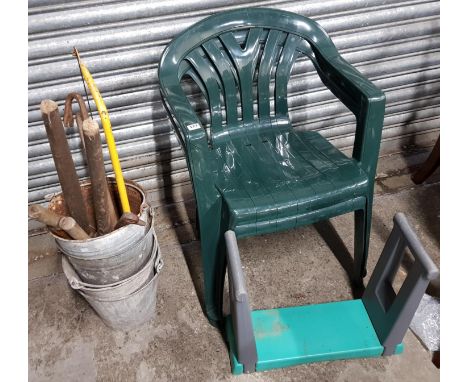 OLD TOOLS AND GALVANISED BUCKETS AND PLASTIC GARDEN CHAIRS 