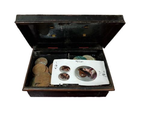 TIN OF COINS, STICK PIN ETC 