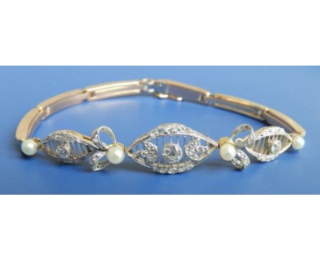 An Edwardian  diamond & pearl set expanding link bracelet – white metal facings on yellow 15ct gold,  6.6”