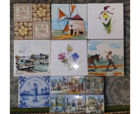 A blue & white delft tile and 12 other various tiles (13)