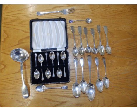 A London silver sauce ladle, a cased set of six coffee spoons and 13 other spoons (20)