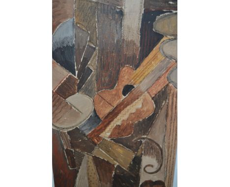 Follower of Georges Braque, oil on canvas, still life with musical instrument, 55 x 30cm