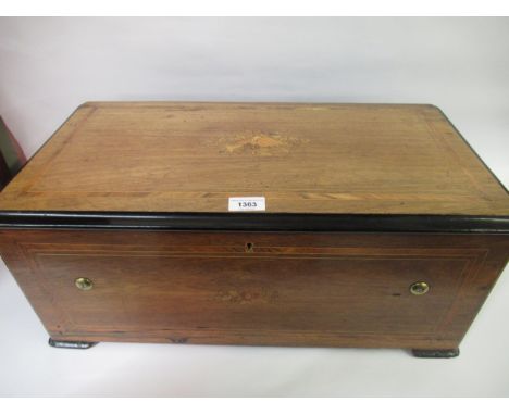 19th Century rosewood marquetry inlaid musical box, the 13inch cylinder playing on bells , castanets and a drum, the case, 59