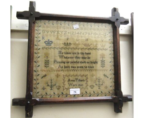 19th Century alphabet and pictorial sampler with verse by Anne Tillers, dated 1863, in an oak gothic style frame, 30 x 32cmMi