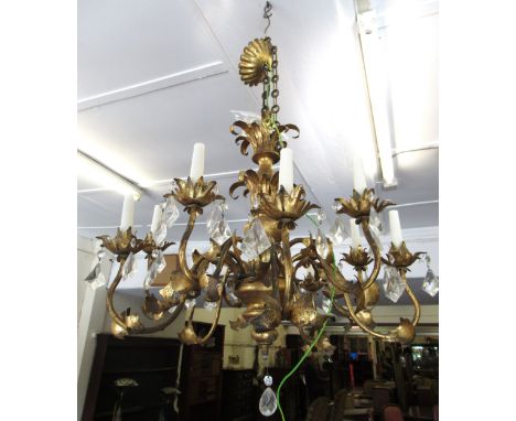20th Century giltwood and metal mounted ten branch chandelier with chain and cut glass drops, 53cm high x 65cm diameter