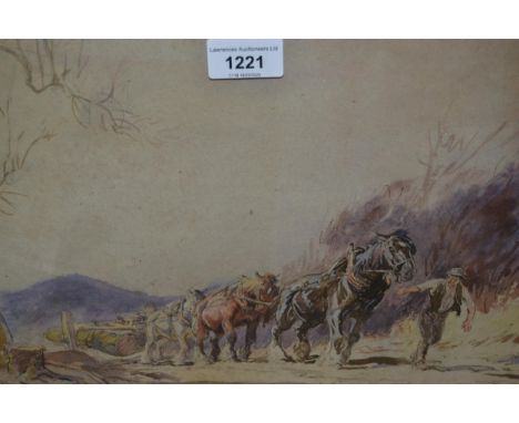 George Soper, watercolour and ink drawing, figure with horse pulling a log cart (provenance on gallery label verso), 25 x 39c