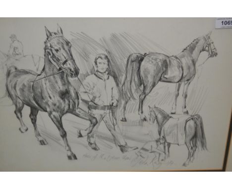 Gordon King, pencil sketch, Horse of the Year Show, signed, 32 x 44cm, framed, together with a sepia drawing, park scene