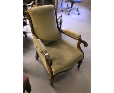 19th Century mahogany open arm drawing room chair, on turned tapering front supports, together with a 19th Century spoonback 