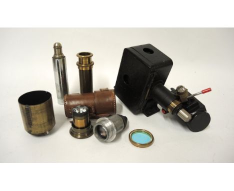 Quantity of various Victorian brass lenses, microscope and slit projection lenses in wooden box