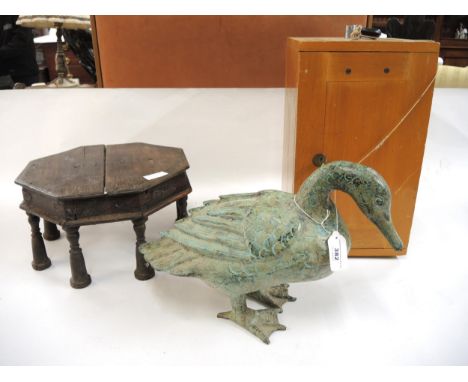 Green patinated metal figure of a duck, Chinese black Japanned microscope in case and a wooden footstool (at fault)