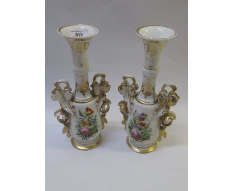 Pair of 19th Century Paris porcelain floral painted two handled vases, 31cm high