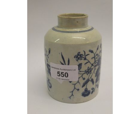 18th Century blue and white earthenware teapoy decorated with flowers bearing crescent mark to base (lacking cover), 11cm hig