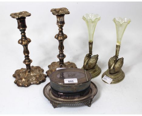 Elkington and Co. silver plated butter box on an oval pierced stand together with a pair of antique silver plated on copper k