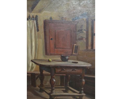 Hermann Sondermann, oil on panel, interior scene with kitchen table, inscribed verso, 31 x 25cm, in an ebonised frame