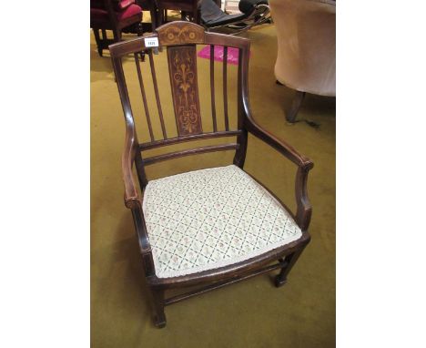 Edwardian mahogany and marquetry inlaid open arm drawing room chair