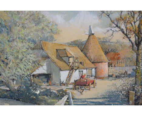 Ronald Dean, mixed media, figures and a cart before an oast house, signed, 29 x 45cm, gilt framed