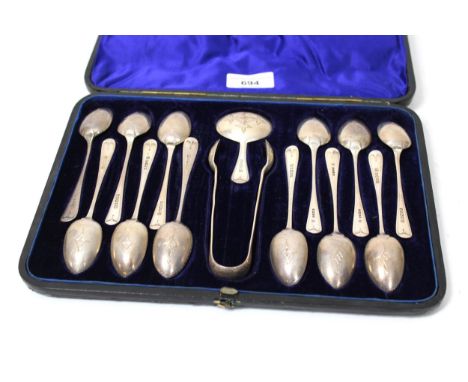Cased set of twelve silver teaspoons with matching tongs and caddy spoon, 6.5oz t