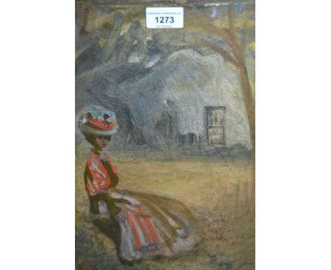 Mixed media sketch, early to mid 20th Century portrait of a seated lady before a cottage, 38 x 29cm, housed in a good quality