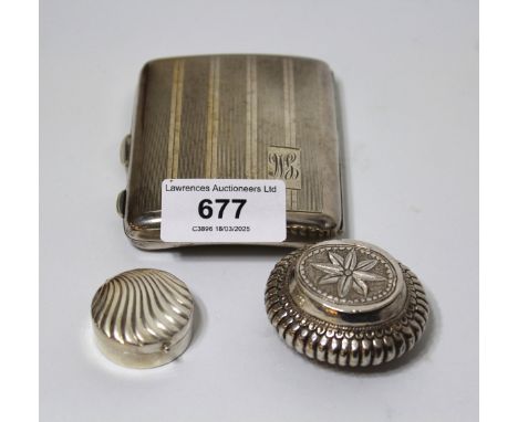 Rectangular silver cigarette case, circular pill box (925 mark) and an oval plated pill box