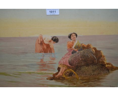 Gianni, pair of Italian watercolours of fisherwomen with the days catch and collecting seaweed, signed, framed, 30 x 43cmBoth