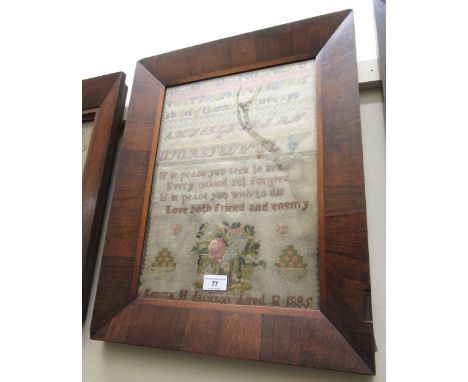 19th Century woolwork alphabet and pictorial sampler by Emma Jackson, aged 12, 1885, in a rosewood frame, 39 x 29cmSome damag