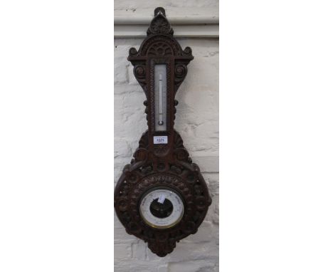 Carved oak aneroid barometer/thermometer by J. Gargory, Birmingham