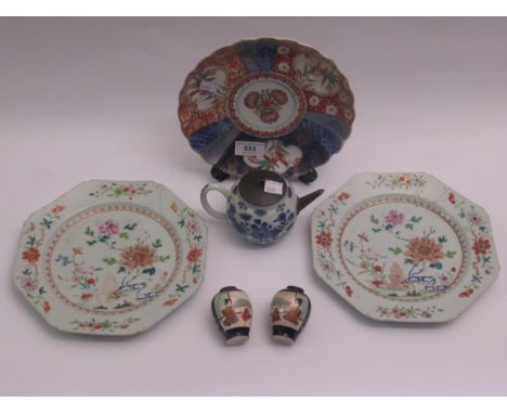 Chinese miniature teapot with later metal spout and cover, two Chinese plates(at fault) an Imari plate and a pair of miniatur