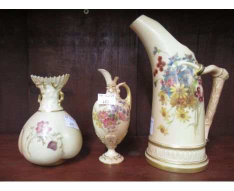 Royal Worcester blush ivory and floral decorated tusk form jug vase. 18.5cm high, together with two similar jugs (one at faul