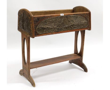 French Arts and Crafts embossed brass floral mounted flower trough on shaped end supports with stretcher, 71cm wide x 74cm hi
