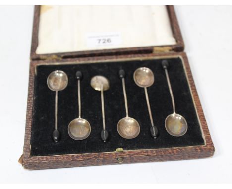 Cased set of six silver coffee bean handled spoons, together with a cased plated condiment set, a four piece plated tea servi