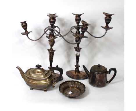 Pair of 19th Century silver plated three branch candelabra, together with two plated teapots, and a bowl