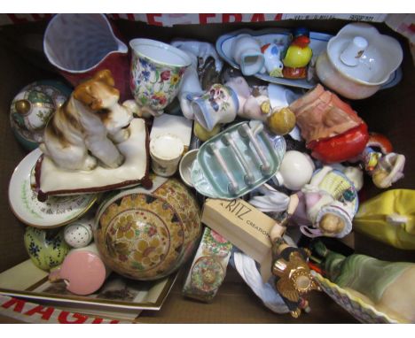 Box containng a large collection of various miniature cups, saucers, salts and peppers, vases, figures etc
