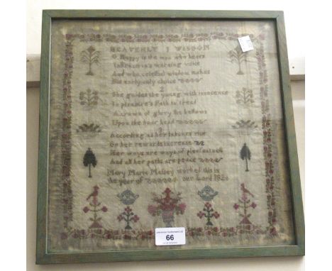 Early 19th Century pictorial sampler by Mary Maria Malsey, 1820, with damages, 31cm squareVarious holes and damages, as shown