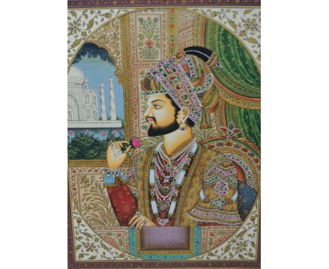 Pair of 20th Century Indian mixed media paintings on card, portraits of a prince and princess highlighted with sequins, 20 x 