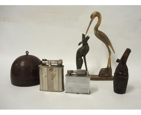 McMurdo chromium plated cigarette lighter, another cigarette lighter, a carved wooden pipe bowl, a temple bell and a horn gro
