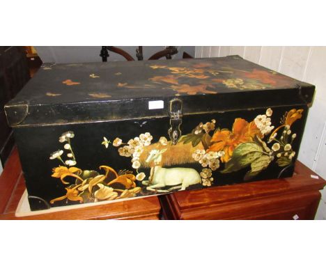 Rectangular metal trough with painted decoration of flowers and butterflies, 81cm wide, together with two similar preserve pa