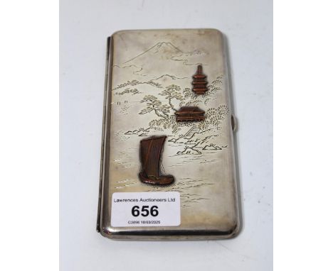 Japanese rectangular silver and raised copper cigarette case engraved with a scene at Mt. Fuji, 5.6oz tNo date mark present b