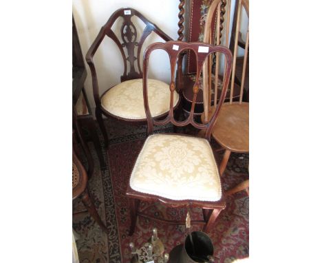 Edwardian mahogany corner chair with damask seat and cabriole supports and a similar side chair together with a mahogany dres