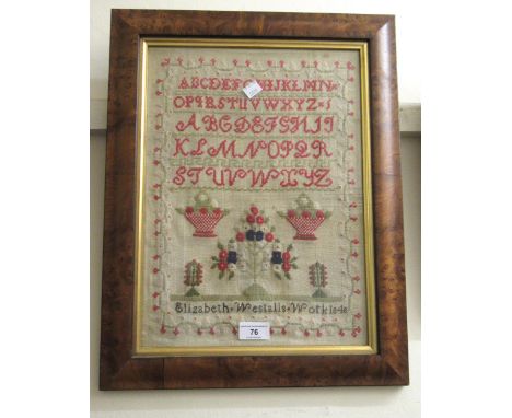 19th Century sampler by Elizabeth Westalls, dated 1848, in a modern burr walnut frame, 39 x 28cmSome staining as shown in pho
